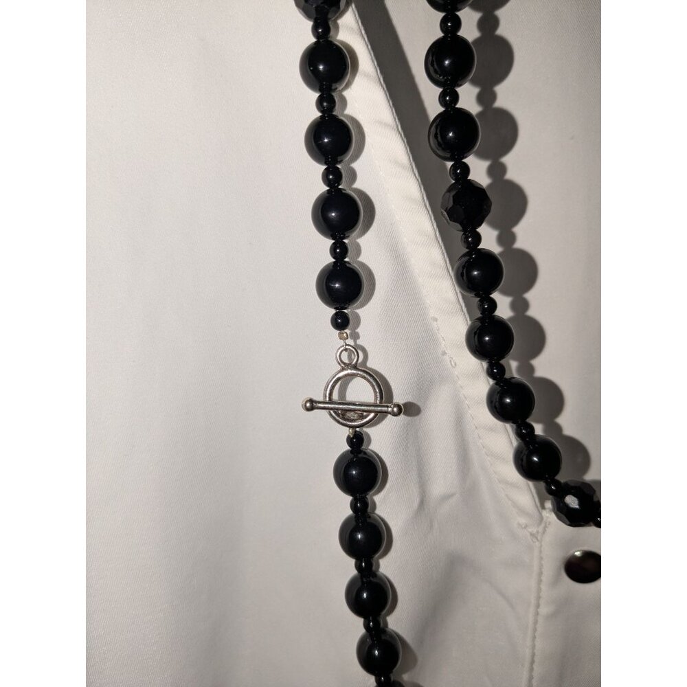 Black Beaded 64" Necklace Faceted Beads Silver Toggle Closure - Picture 6 of 14